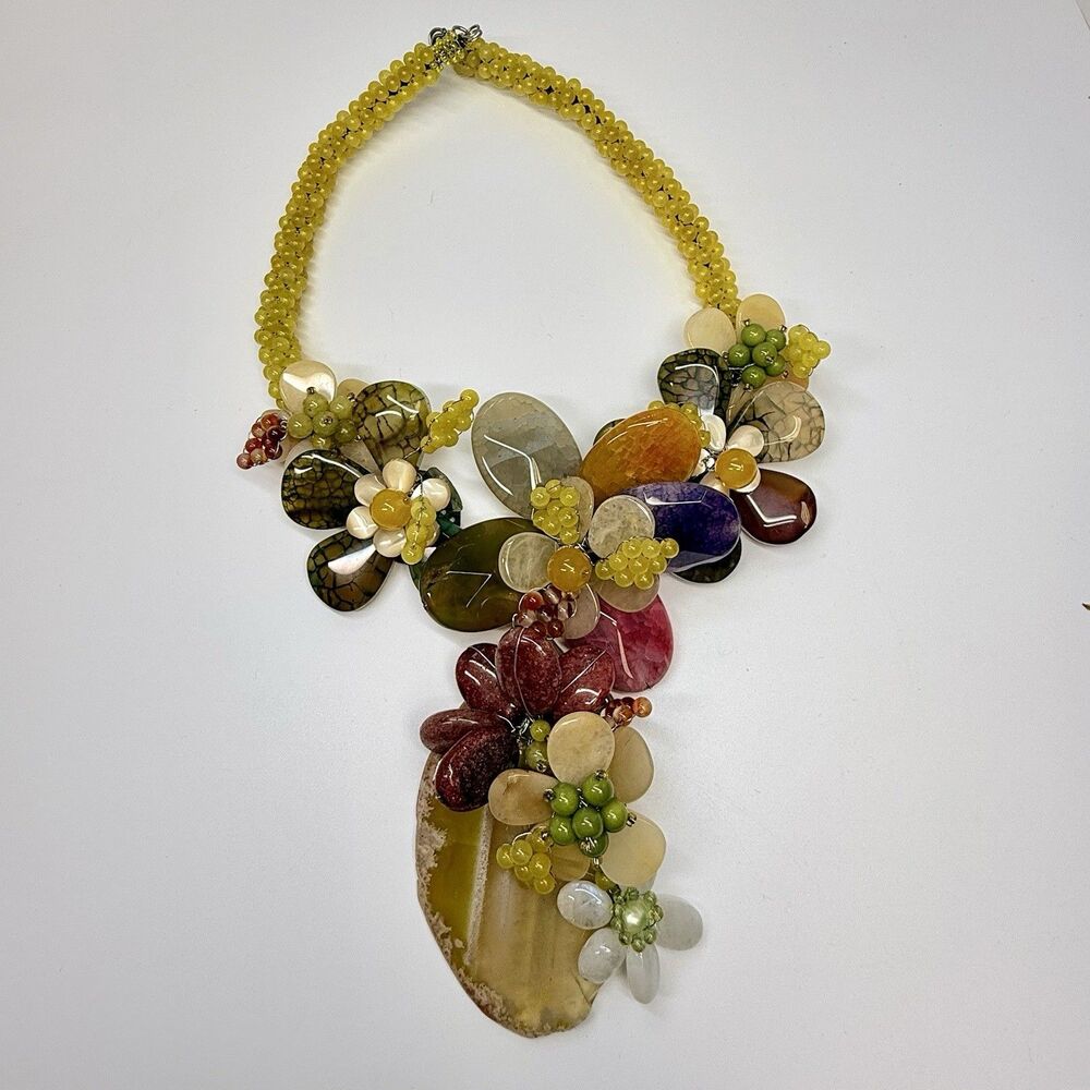 Handcrafted Natural Gemstone Multi Beaded Flower Cluster Statement Necklace